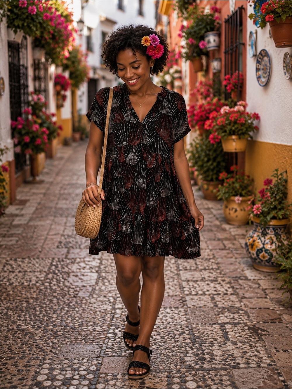 Anthropologie Black Floral-Patterned Short Sleeve V-Neck Mini Dress